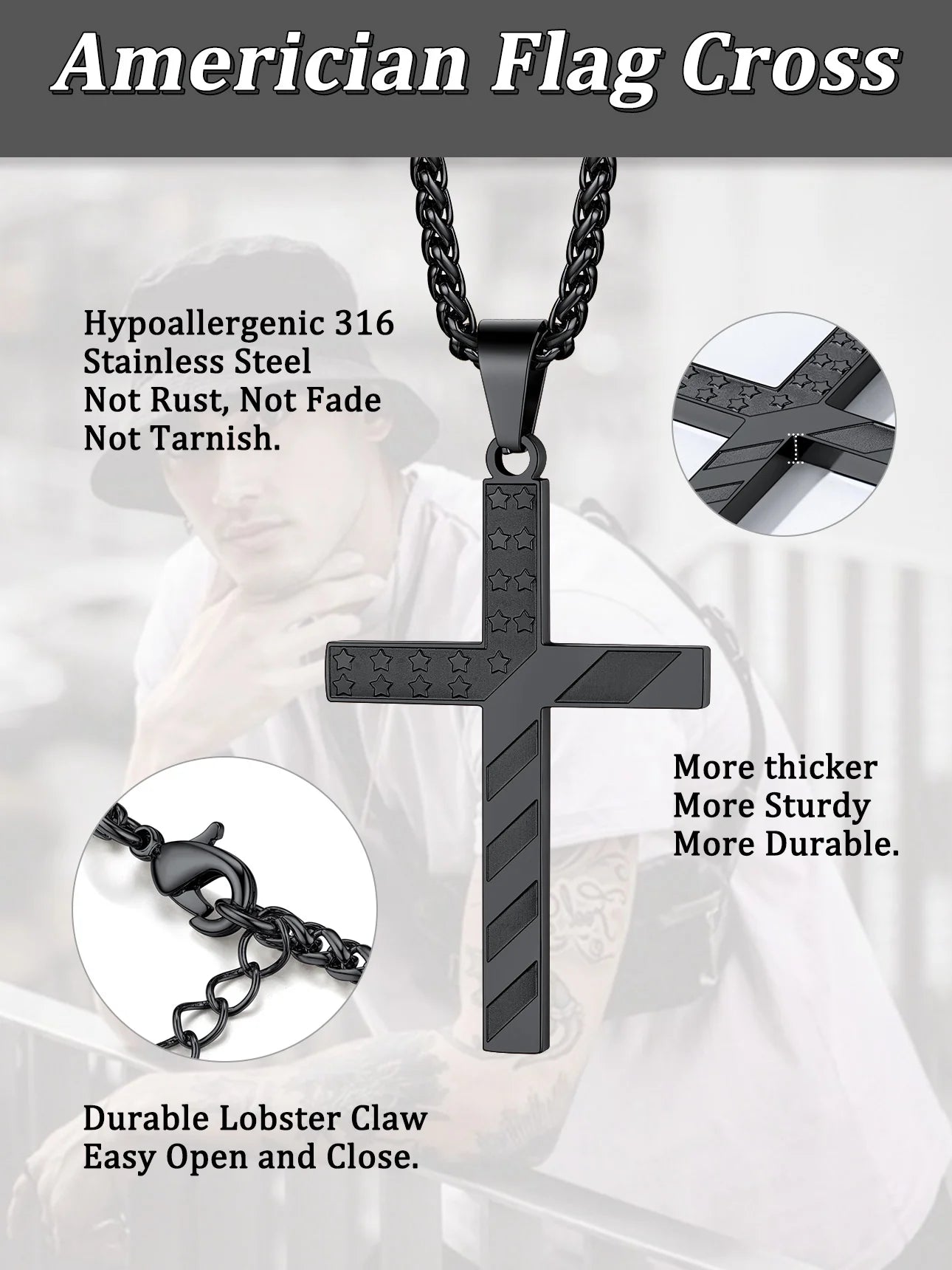 American Flag Cross Necklace for Men Black Cross Pendant Chain Necklace First Communion Religious Jewelry Gift