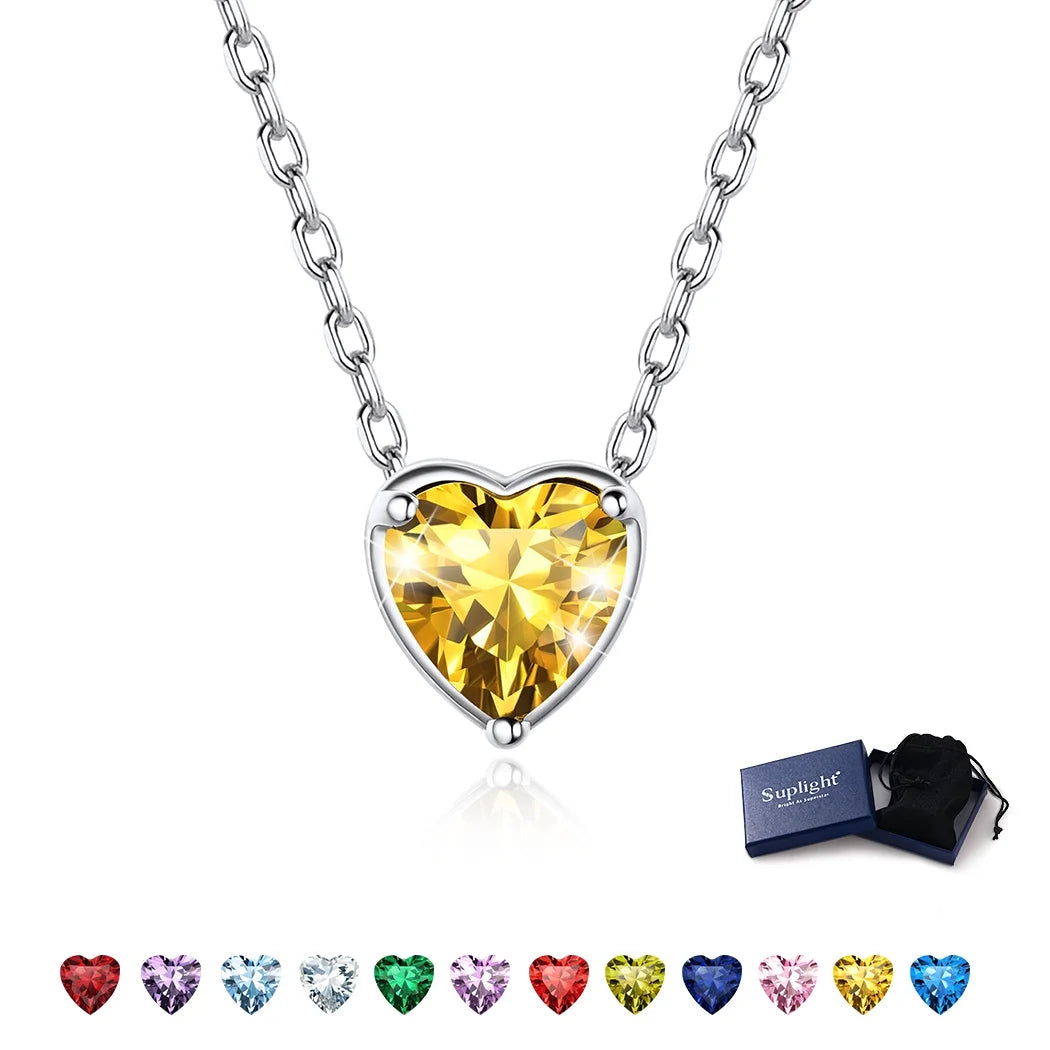 Women 925 Sterling Silver Birthstone Love Heart Necklace, Birthday Valentines Gift