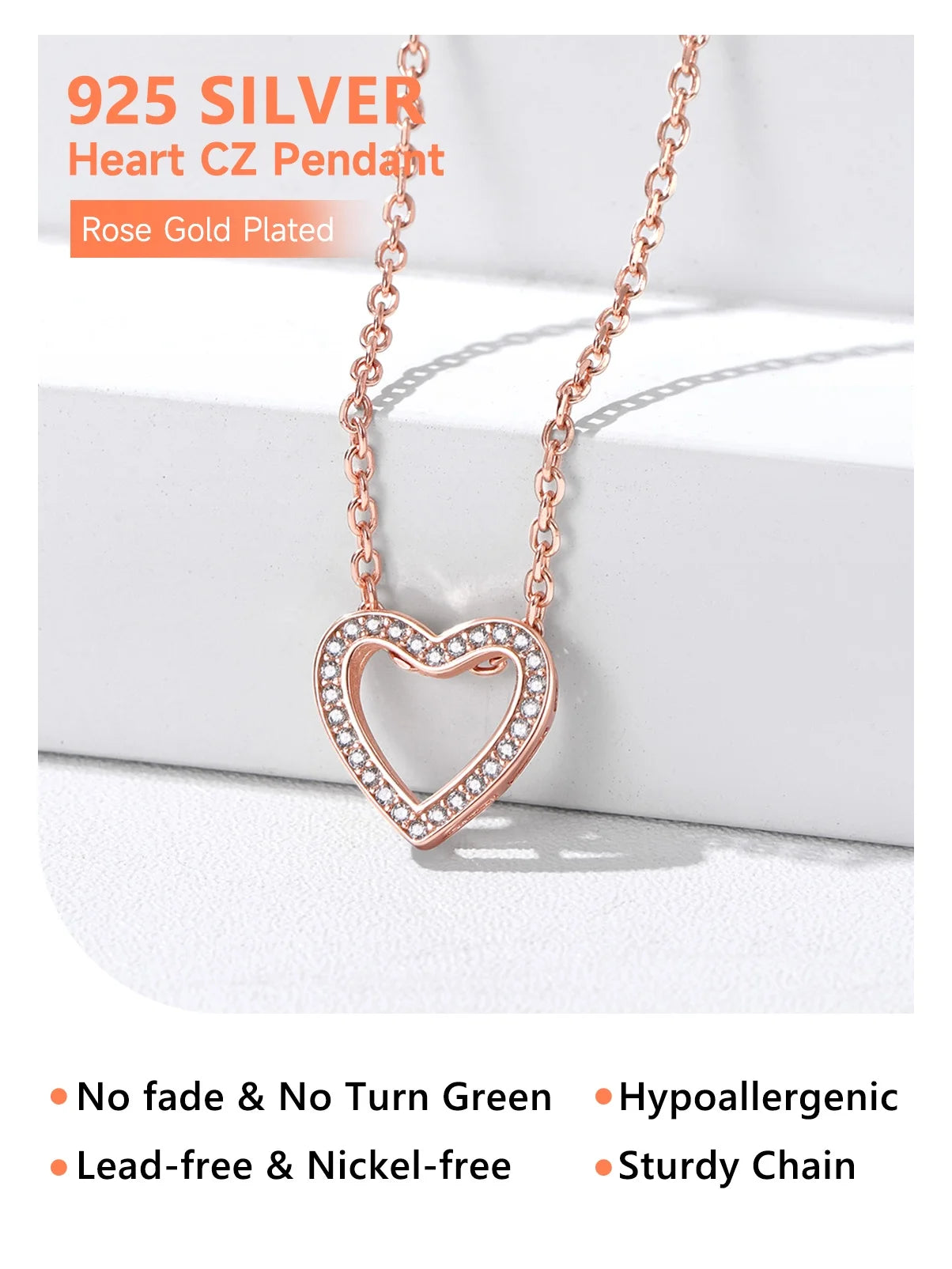 Open Heart Necklace for Women Dainty Cubic Zirconia Love Pendant Necklace Sterling Silver Jewelry Gifts for Her, Rose Gold